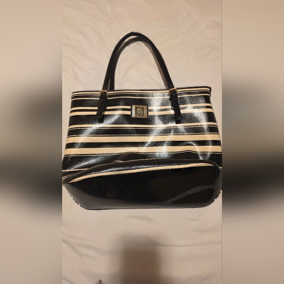 Anne Klein Striped Black and Cream Tote Bag Multiple Pockets Scratch Handle Wear - Picture 1 of 16